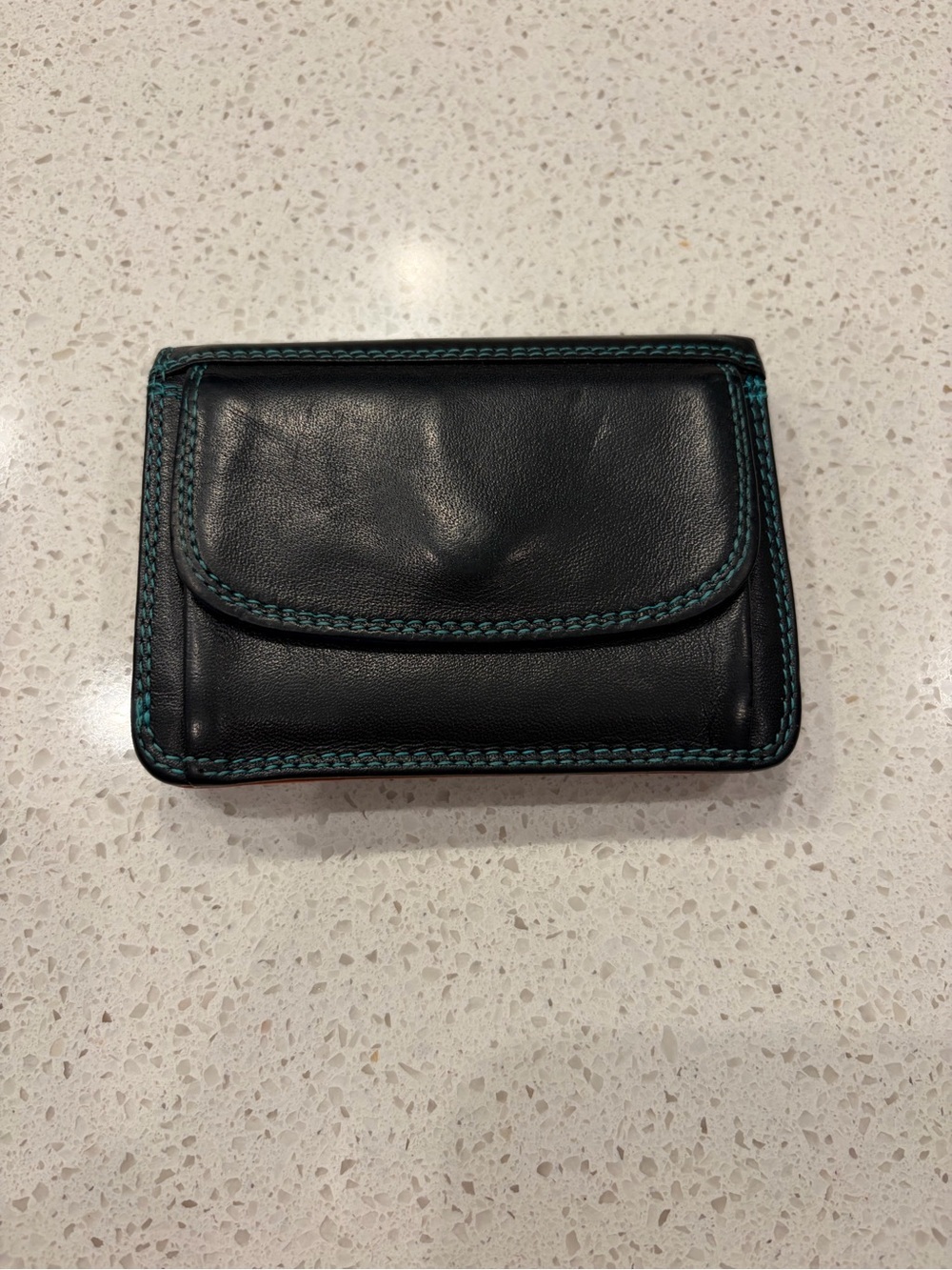Mywalit Men's Black Nappa Leather Mini Trifold Wallet Teal Stitching